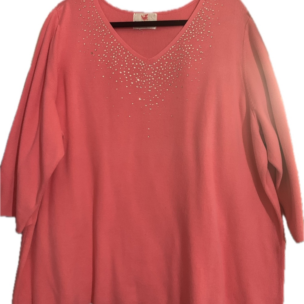 Quaker Factory Pink Embellished V-Neck Sweatshirt 3x